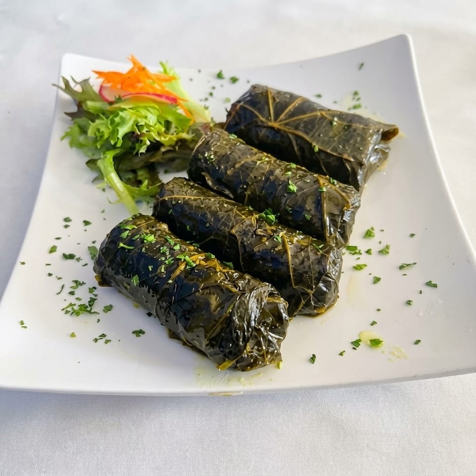 Four stuffed grape-leaf rolls garnished with herbs, served alongside mixed greens, shredded carrots, and radishes on a white plate.
