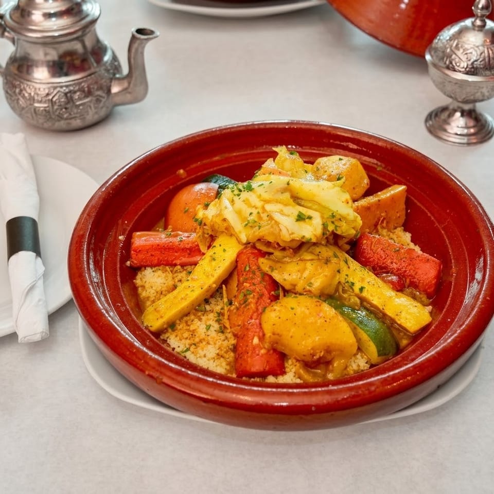 Colorful vegetable couscous served in a red ceramic tagine, accompanied by ornate silver teaware on a restaurant table.