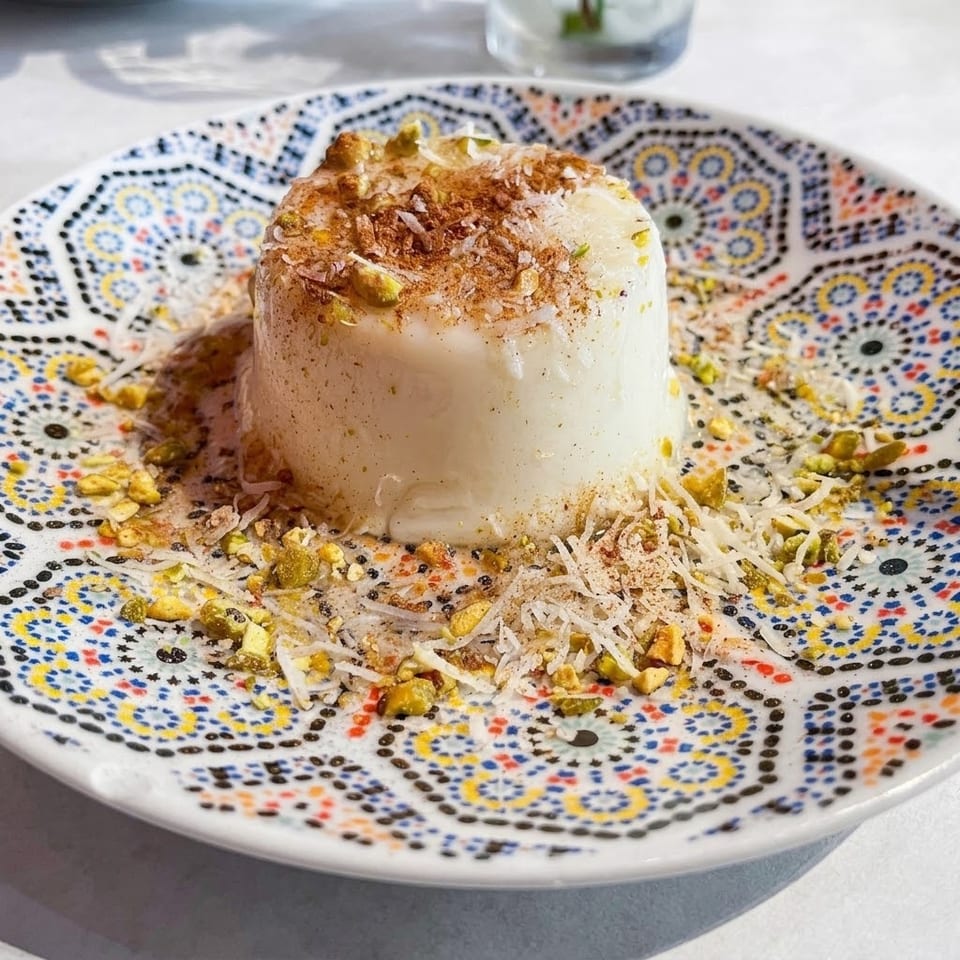 Creamy molded dessert topped with cinnamon and pistachios, surrounded by shredded coconut on a colorful patterned plate.