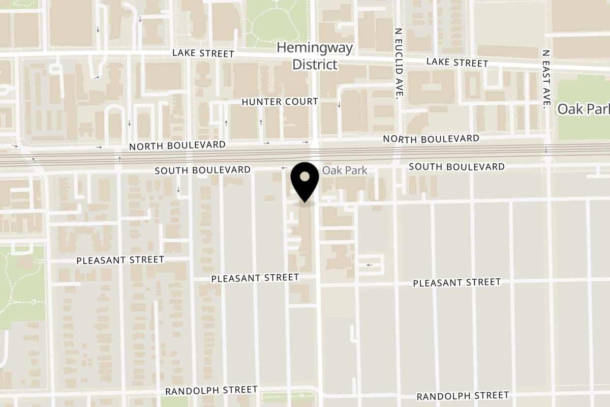 Map showing the location of Grape Leaves Restaurant on 129 S Oak Park Ave in Oak Park